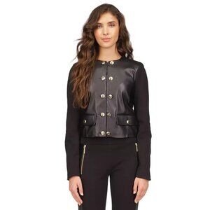 Michael Kors Women's Button-Front Mixed-Media Jacket Black Size P/L MSRP $175